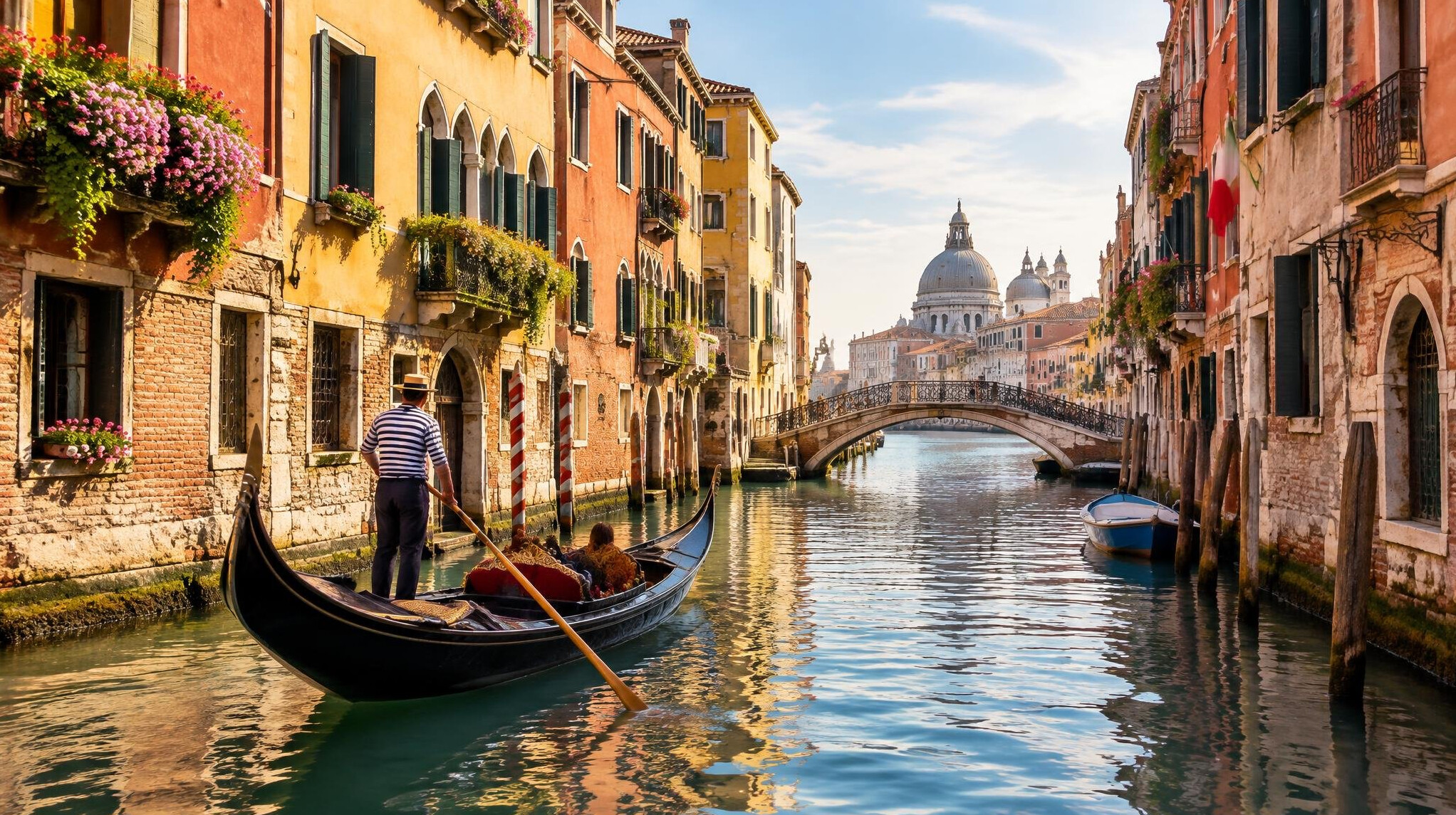 Venice canal with historic buildings and gondolas