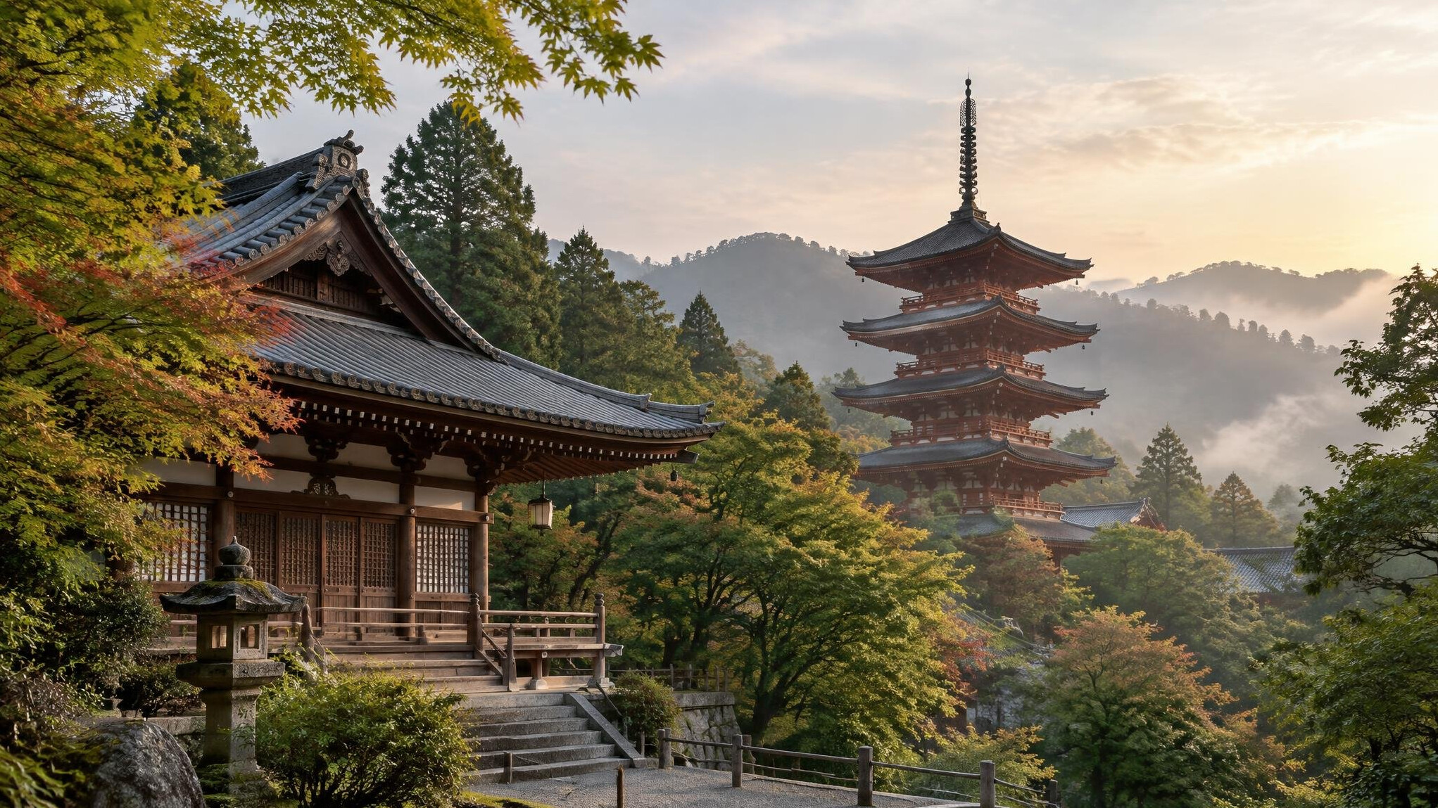 Traditional Japanese pagoda among trees