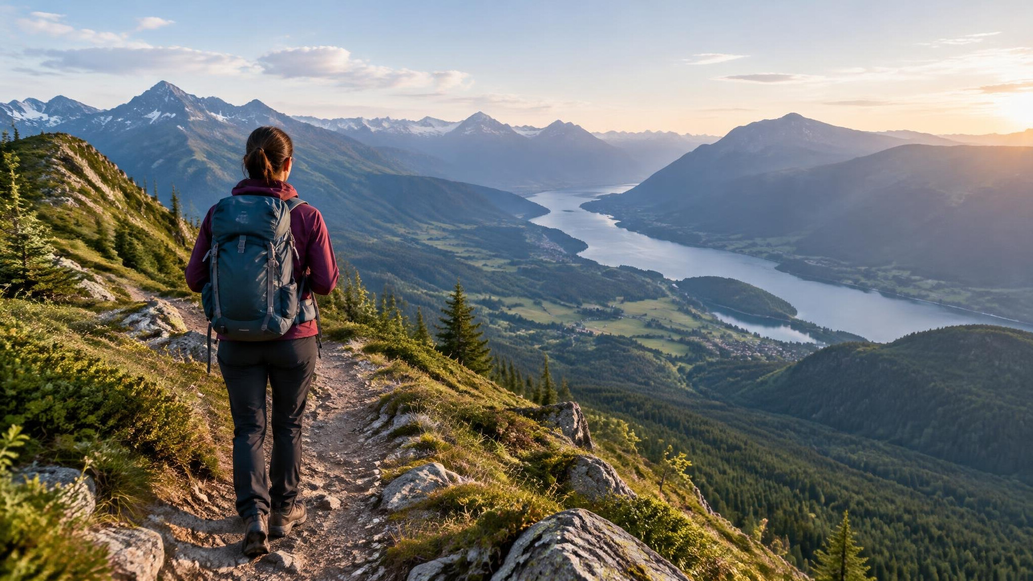 Hiker on a mountain trail with scenic view