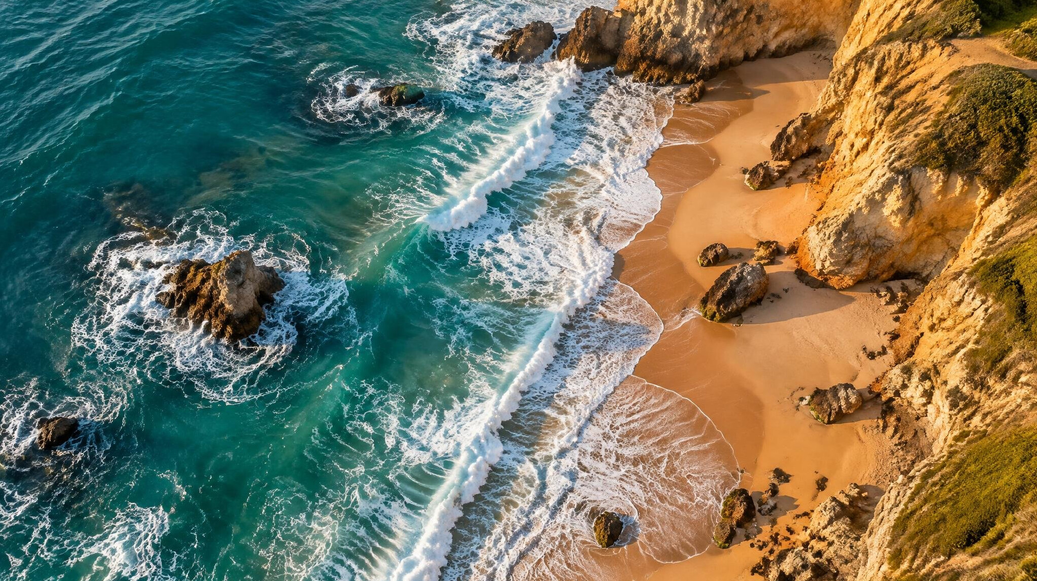 Aerial view of ocean waves meeting a coastline