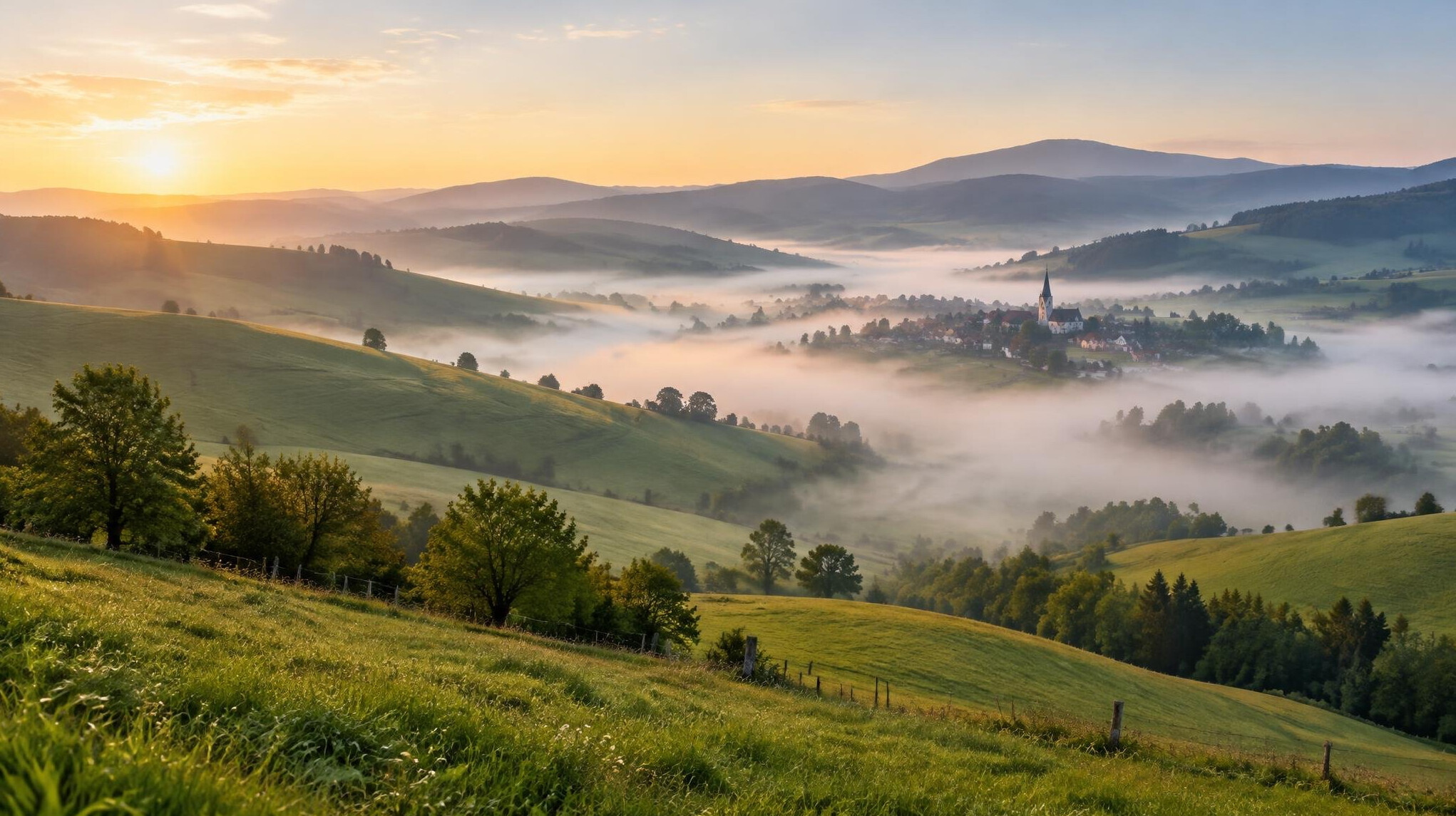 Green hills covered by morning mist