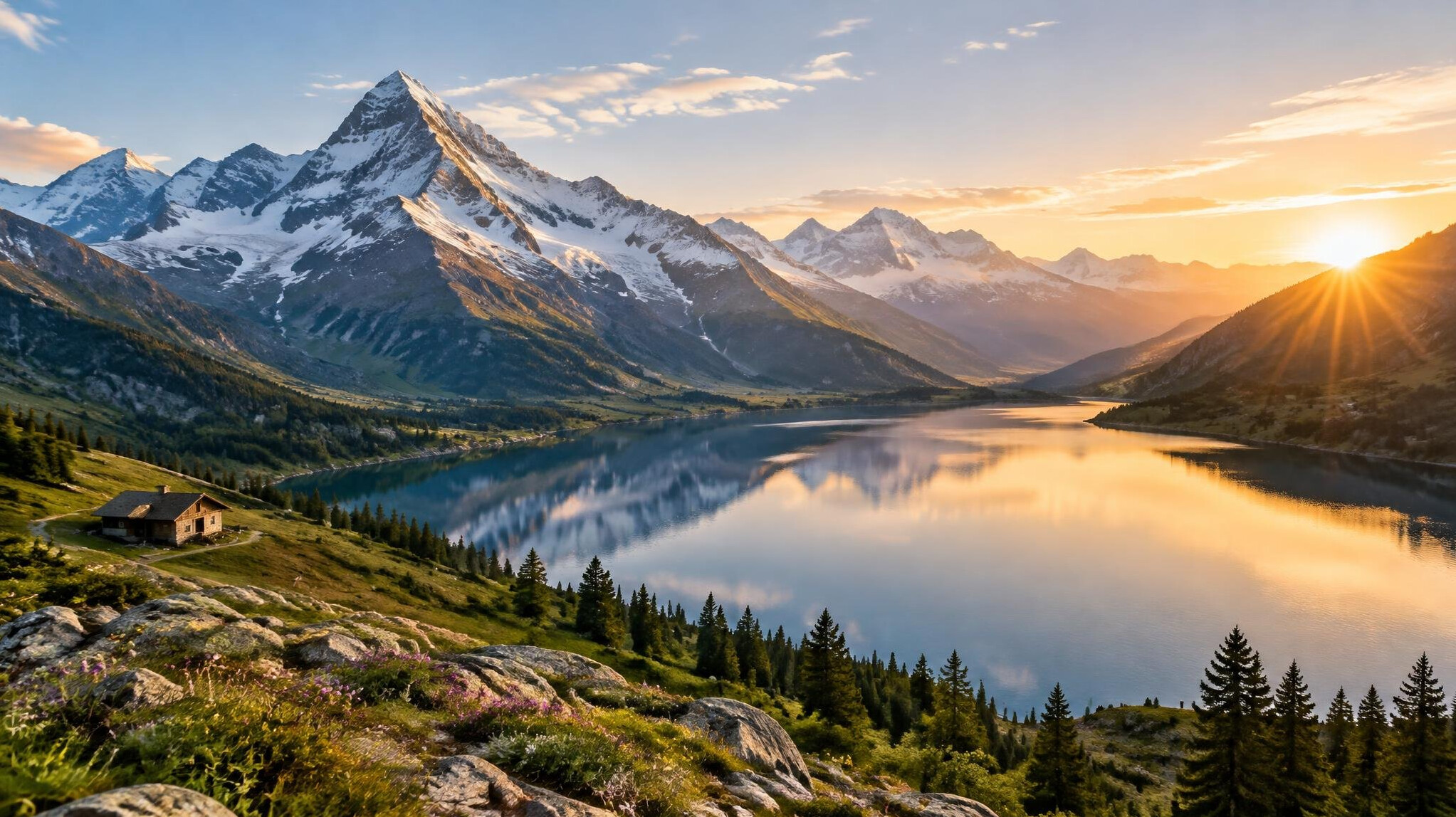 Mountain landscape with green valley and lake at sunrise