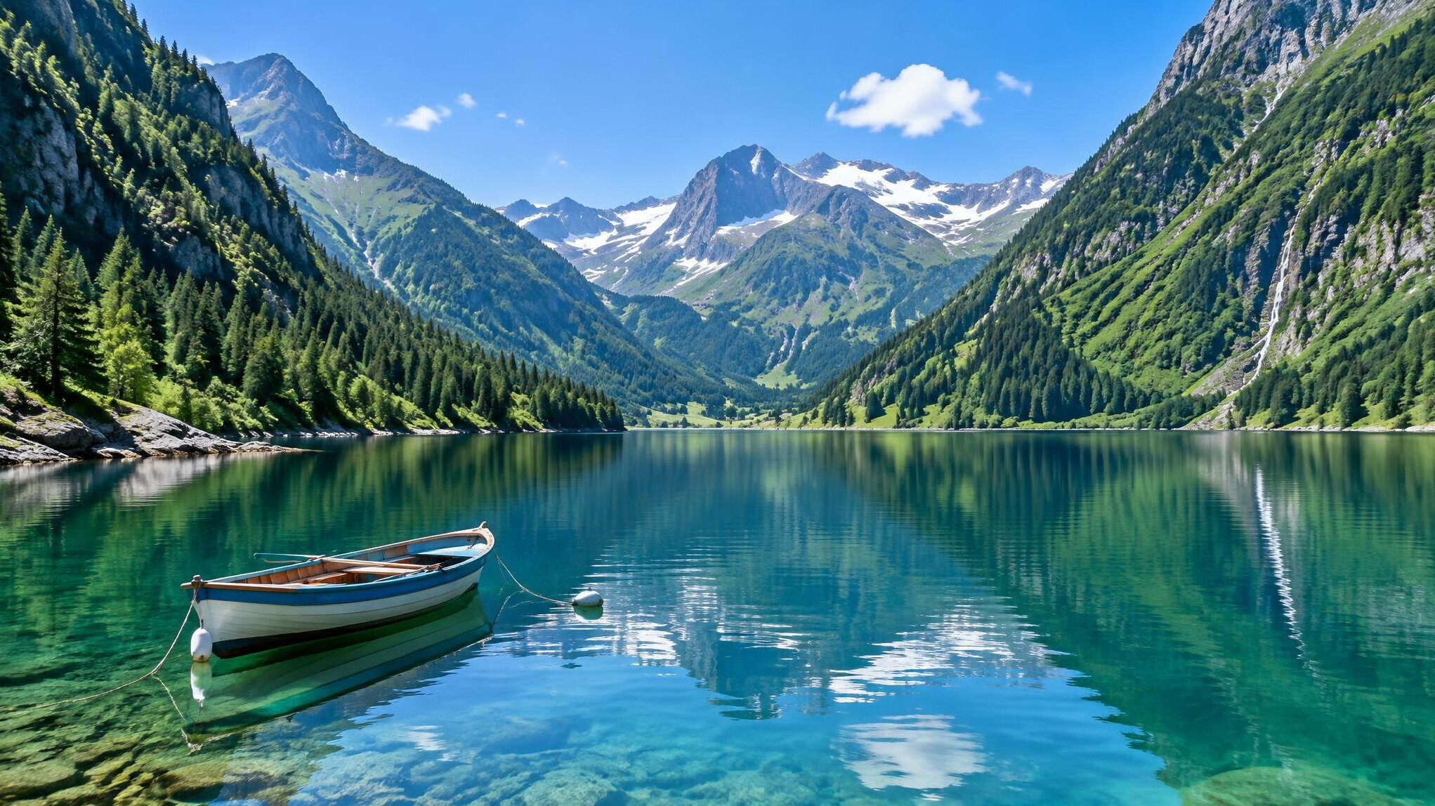 Alpine lake with boat and mountains