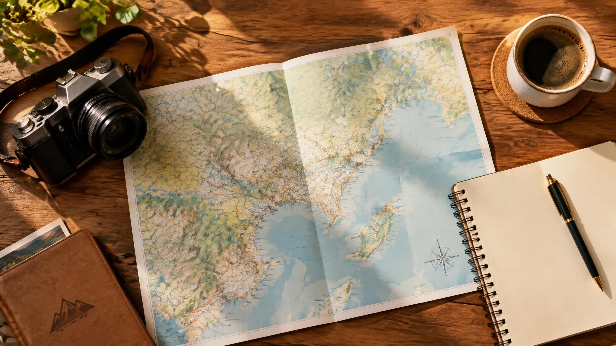 Travel map with camera and notebook on a table