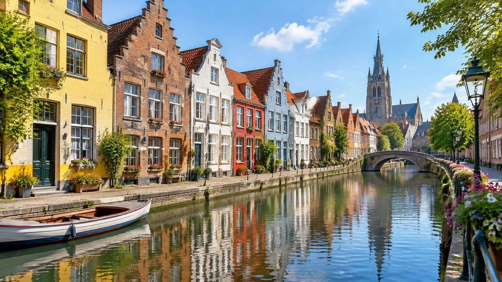 Colourful historic buildings along a European canal