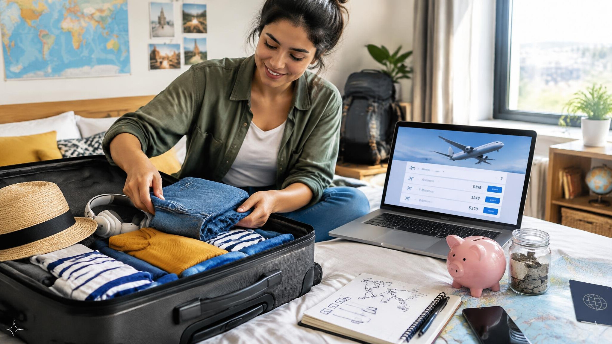 budget traveler packing suitcase