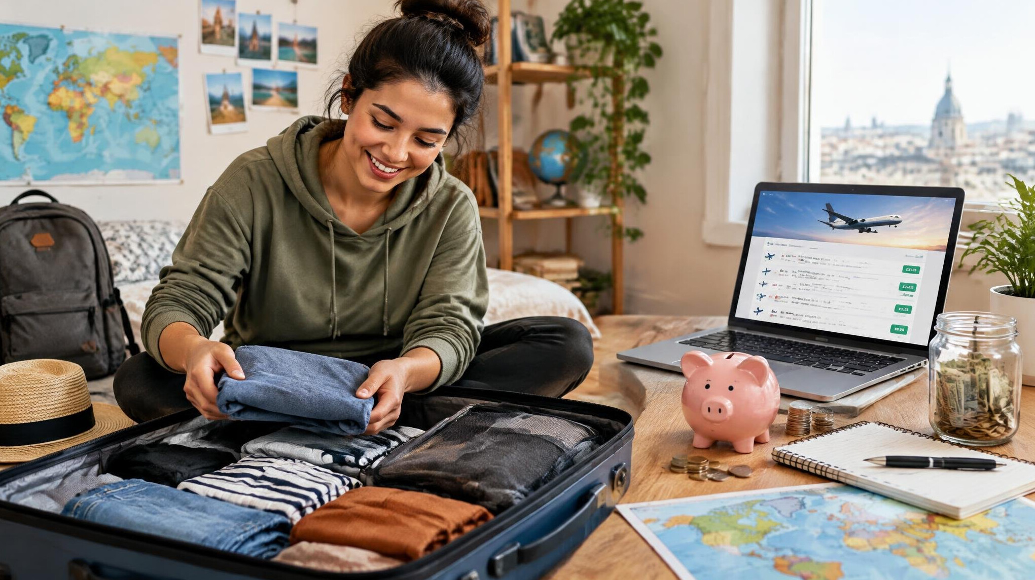 budget traveler packing suitcase