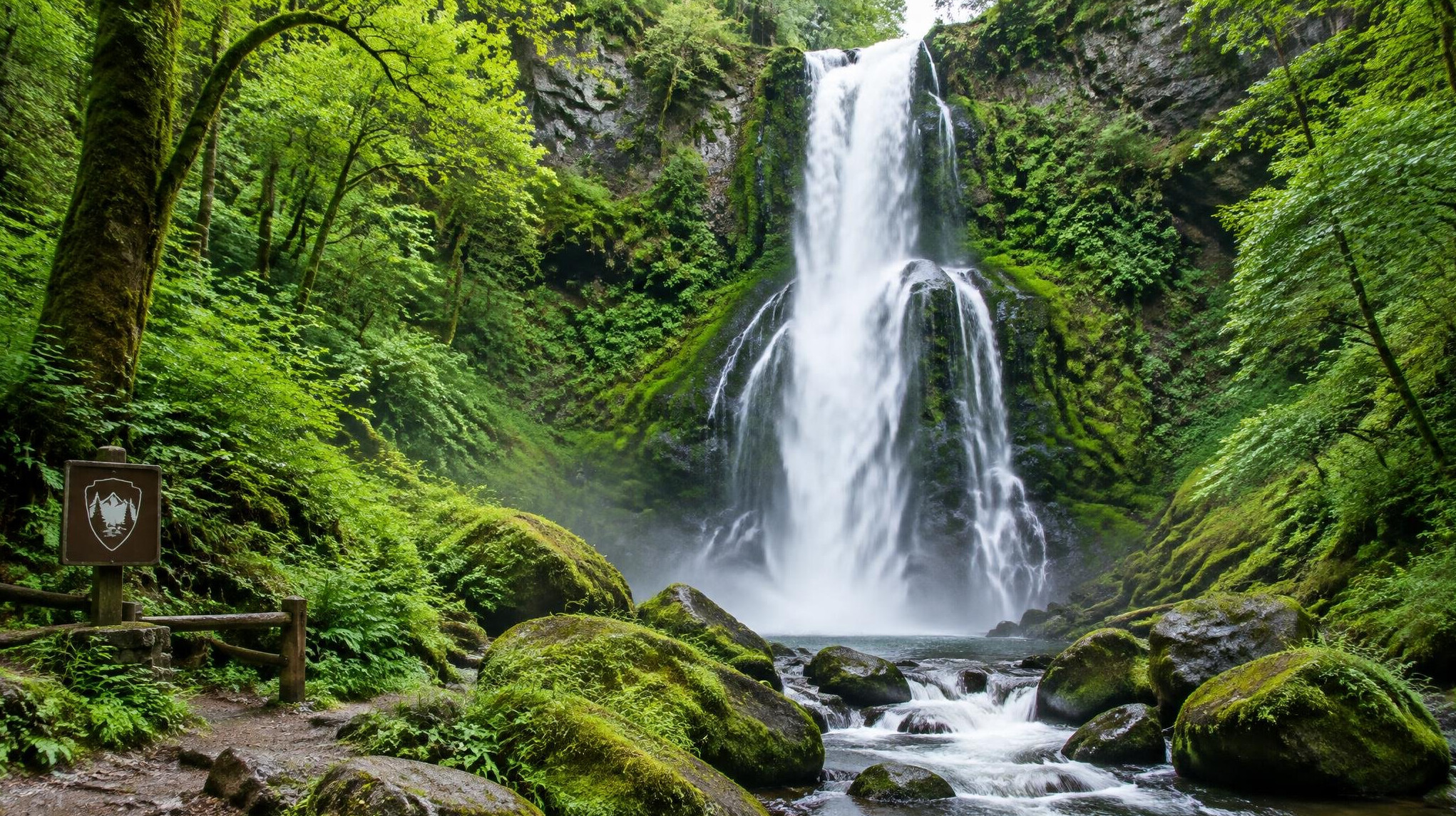Waterfall flowing through green rocks and forest