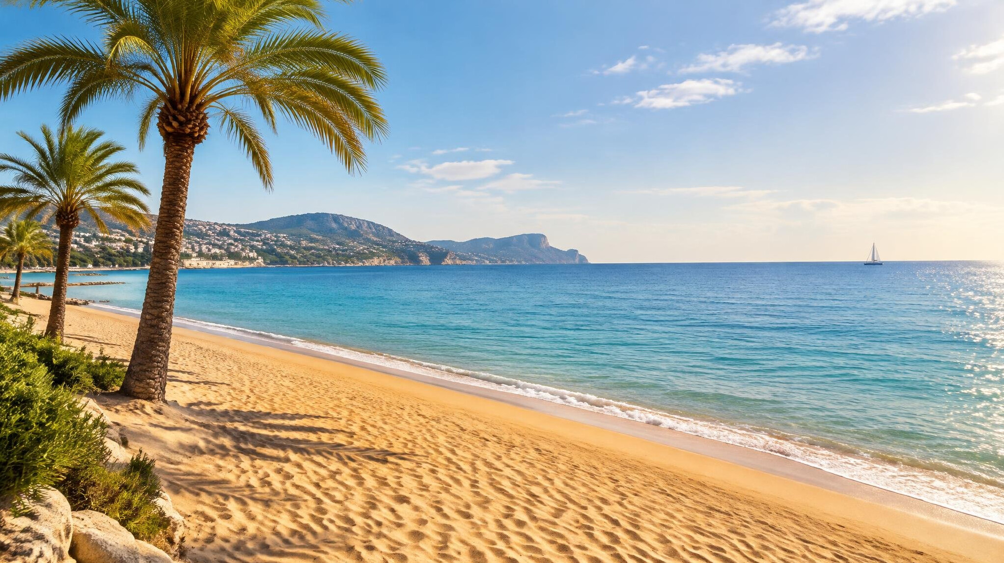Golden sand beach with calm sea and palm trees